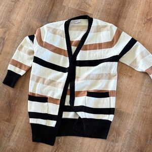 EUC LuLaRoe Striped Open-Front Cardigan in Cream, Black & Brown - Size Small